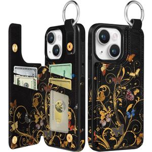 Shorogyt for iPhone 14 Wallet Case with Card Holder, Designer Golden Butterfly Pattern Kickstand Magnetic Clasp Back Flip Folio Leather Phone Cases for iPhone 14 for Women Men Girls