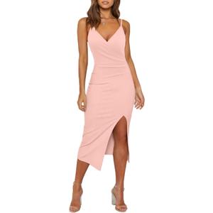 WAYMAKER Women's Sexy V Neck Spaghetti Strap Sleeveless Wrap Ruched Side Slit Bodycon Cocktail Party Wedding Guest Dress, Small