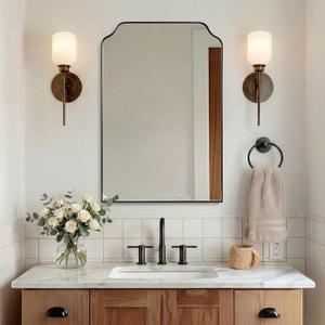 24”x36” Matte Black Scalloped Wall Mirror, Modern Farmhouse Rectangular Bathroom Mirror for Vanity, Solid Stainless Steel 1-Inch Deep Frame for Double Vanity & Mantel Decor