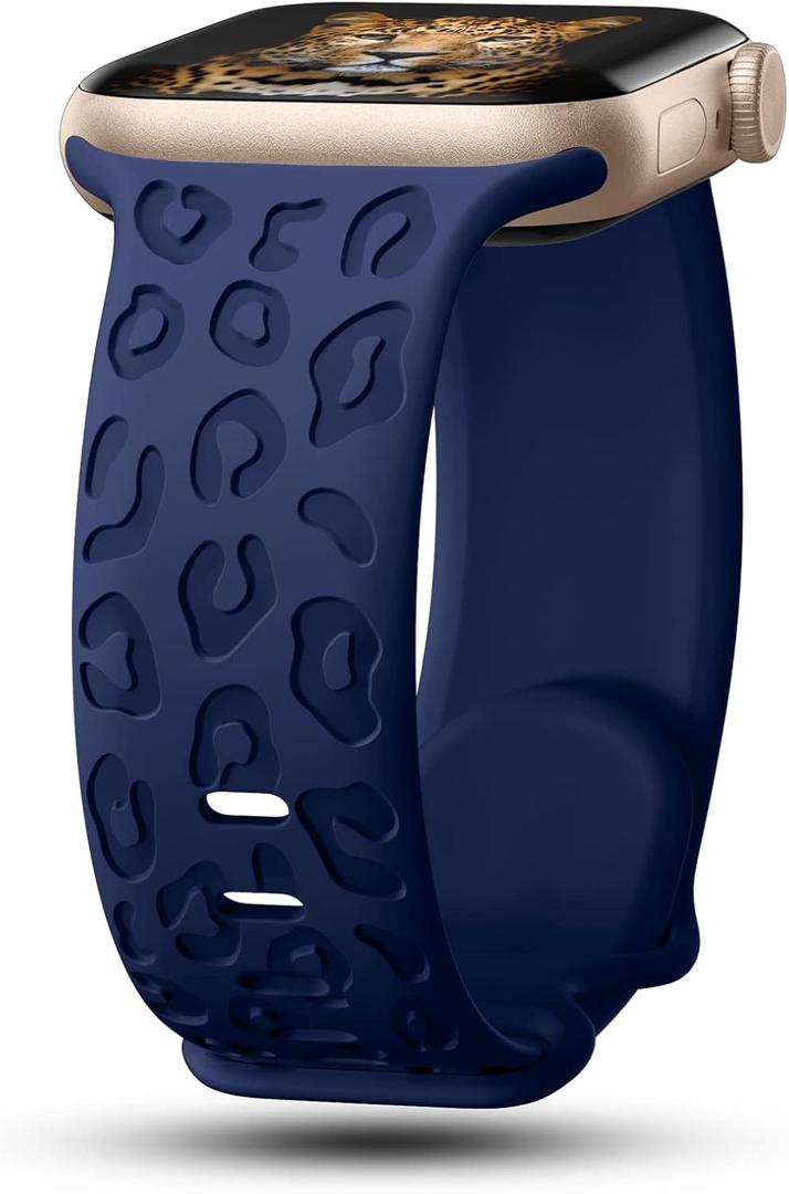 CreateGreat Engraved Bands Compatible with Apple Watch Band 40mm 41mm 38mm 42mm 44mm 45mm 46mm 49mm, Leopard Pattern Soft Silicone Strap Compatible with iWatch Series 10 9 8 7 6 5 4 3 2 1 SE Ultra (Leopard-Navy Blue)