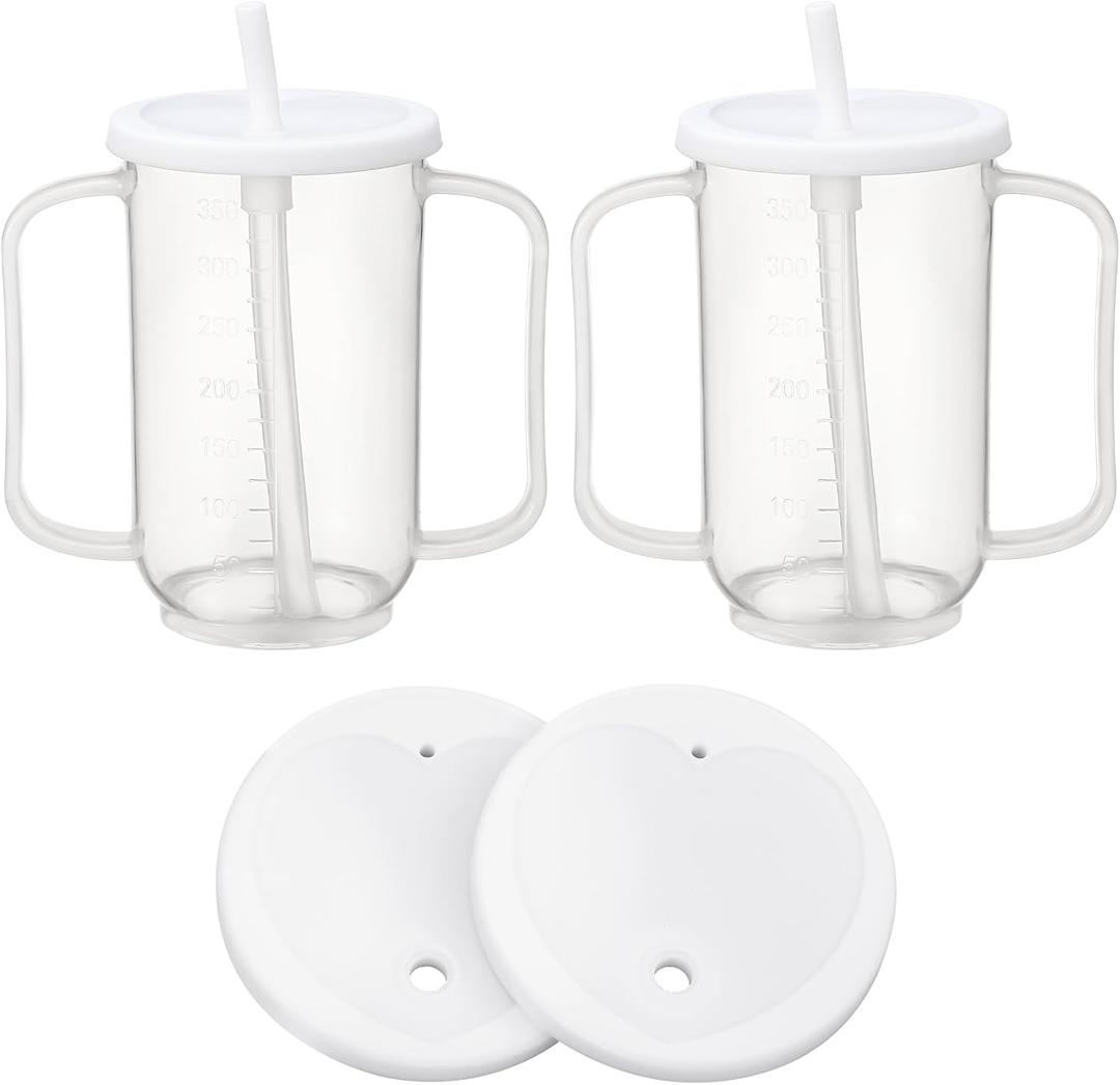 Sliner Adult Sippy Cups for Elderly 12 oz Straw Sippy Cups with 2 Handles No Spill for Adults Spill Proof Dysphagia Cup for Disabled Patients(White)