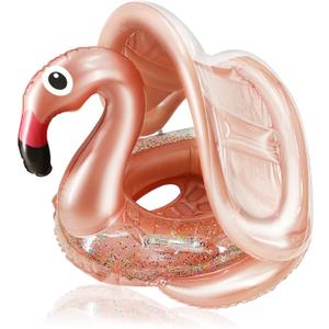 Flamingo Baby Swimming Ring with UPF 50+ Canopy, Glitters, Back Holder & Wings Airbag Never Flip Over, Inflatable Baby Pool Float Sunshade for 8-36 Months Infant Toddler Water Toys Summer Luau Party
