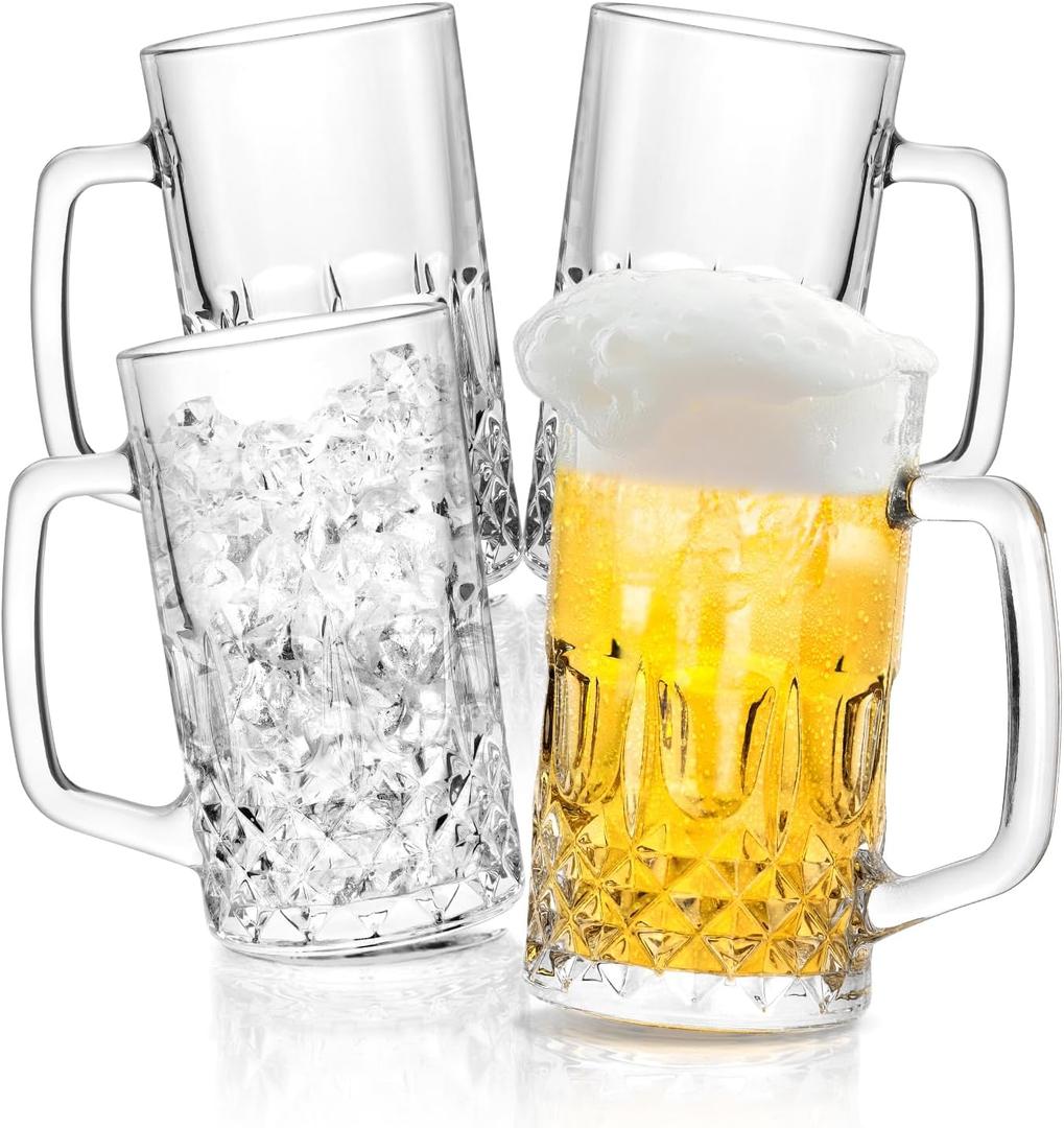 Whisquor Beer Mug Set of 4, 22oz Large Heavy Glass Beer Mugs with Handle, Clear Freezer Beer Glasses for Tea, Coffee, Best Gifts for Dad Husband or Friend