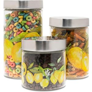 American Atelier Canister Set 3-Piece Glass Jars in 59oz, 44oz & 30oz w/Printed Design and Silver Lid, Airtight Lids for Cookies, Candy, Coffee, Flour, Sugar, Rice, Pasta, Cereal & More