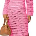 Saodimallsu Womens Crochet Swimsuit Cover Up V Neck Collared Long Sleeve Mesh Knit Long Beach Coverup Maxi Dress (Pink)