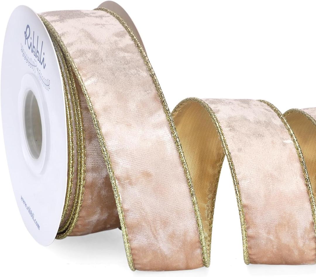 Ribbli Champagne Velvet Wired Ribbon 1.5 Inch Metallic Champagne Gold Crushed Velvet Christmas Ribbon for Gift Wrapping Christmas Tree Decoration Crafts Wreaths Supplies-Continuous 10 Yards