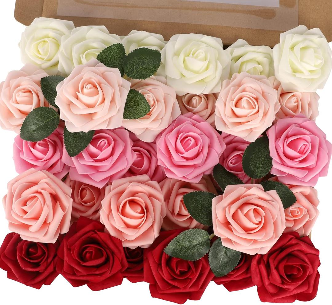 MACTING 30PCS Artificial Flower Roses Real Touch Fake Spring Flowers with Stem Foam Roses for DIY Wedding Bouquet Floral Arrangements Table Centerpieces Party Home Valentines Day Decor (Mix Color 3)