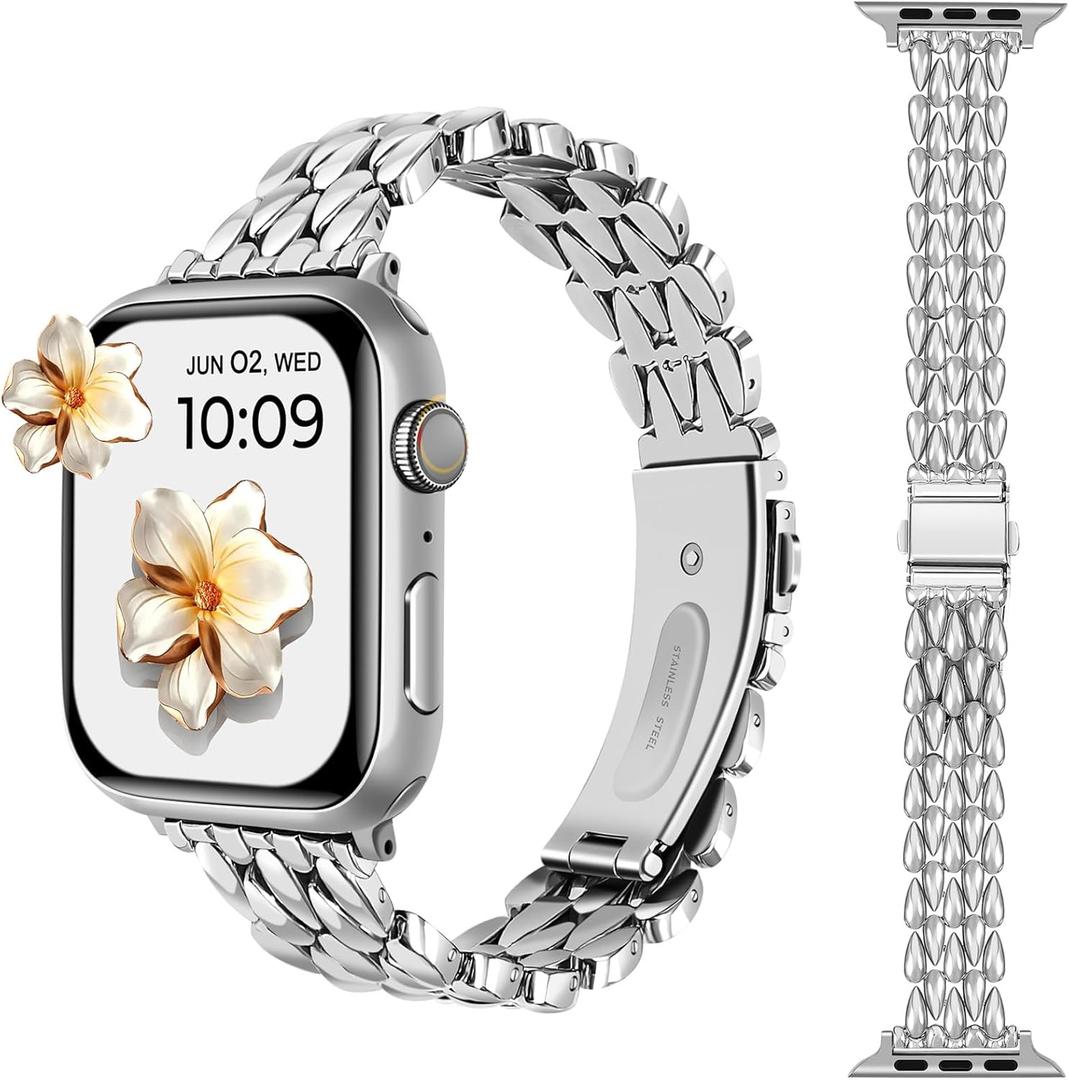 Dressy Silver iWatch Bands for Women - Compatible with Apple Watch Series 10-1/SE/Ultra, Fits 38mm 40mm 41mm 42mm 44mm 46mm - Luxury Designer Bracelet, Elegant Stylish Strap