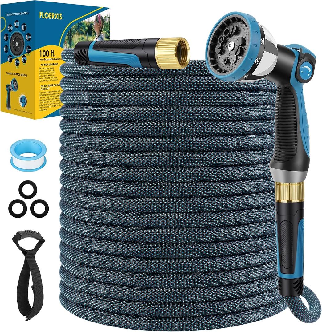 Non-Expandable Garden Hose 100 FT, Lightweight Hose with 10 Function Spray Nozzle, Kink-Free Flexible Water Hose, Durable, Leak-Proof, 360 Swivel Connectors, Portable Storage Strap