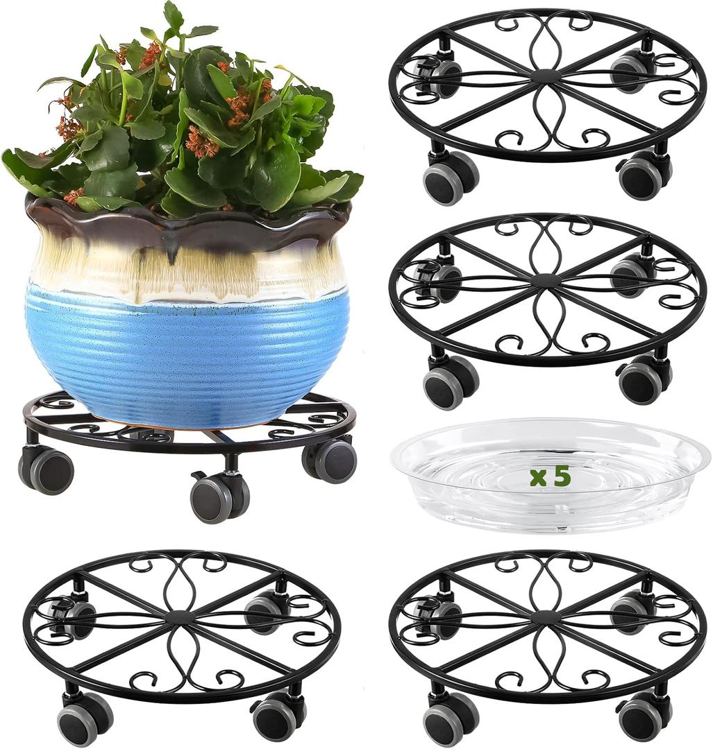 5 Pack Plant Caddy with Wheels Heavy Duty 11.8 Inches Metal Plant Stand with Wheels Plant Dolly Rolling Plant Stand Plant Roller with Casters for Indoor and Outdoor (5, Black)
