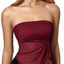 Women's 2 Packs Sheer Mesh Tube Top Drawstring Asymmetrical Hem Lettuce Trim Strapless Tops L