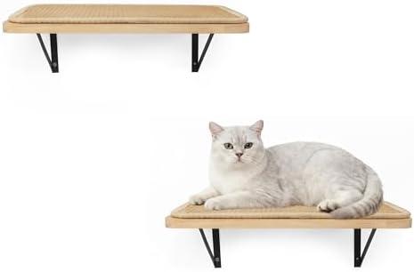 PELUOMOZ 2PCS Cat Wall Shelves with Scratching Mat, 16.6x9.7 Inch Cats Wall Furniture, Solid Pine Wood Kitten Wall Mounted Floating Shelf, Window Perch Hammock for Pets Sleeping, Playing, Climbing