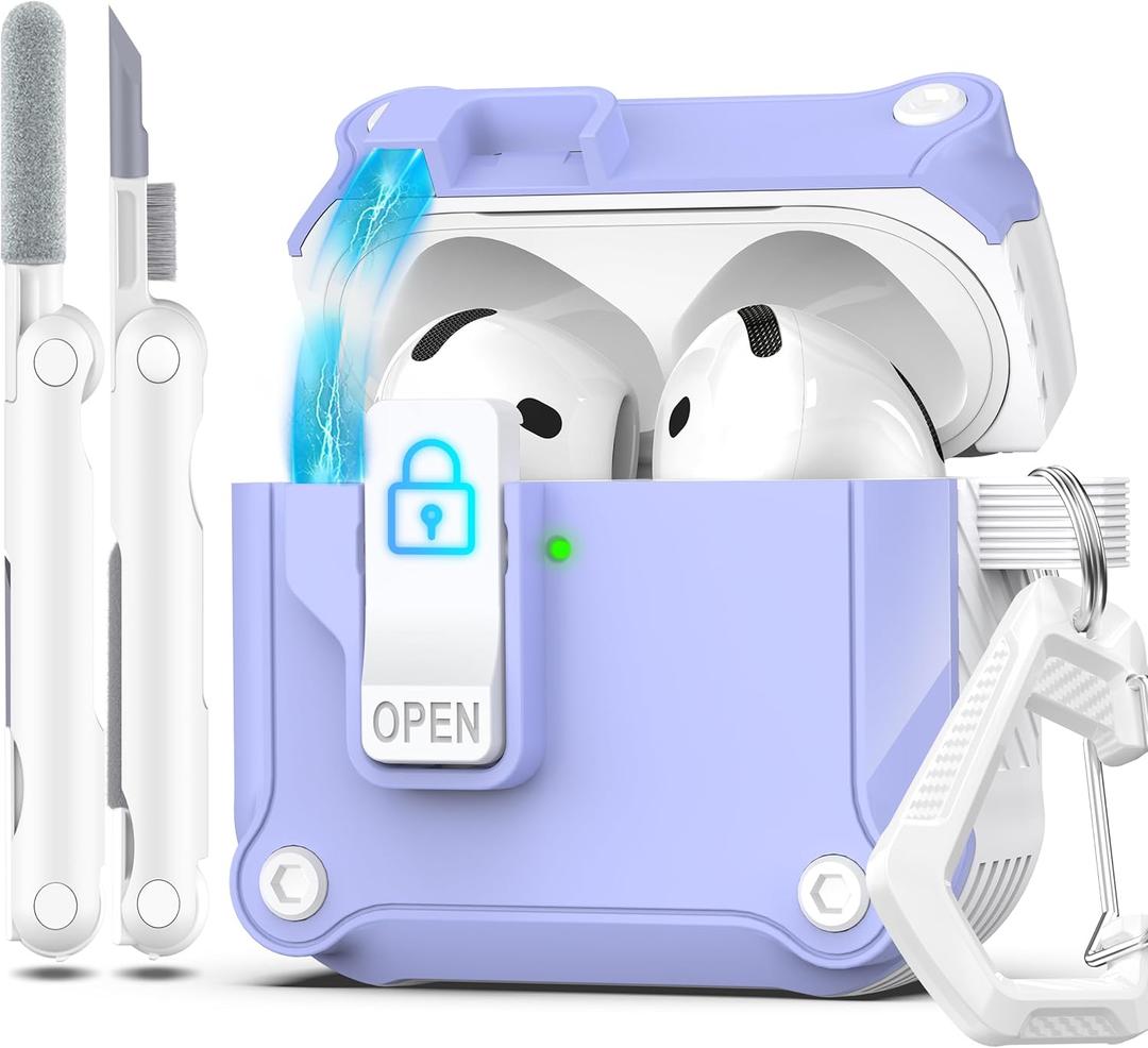 R-fun Compatible with AirPods 4th Gen Case, Full Drop Protection Auto Pop-Up Lid and Lock Design with Cleaner Kit and Keychain for AirPods 4 2024-White/Lavander