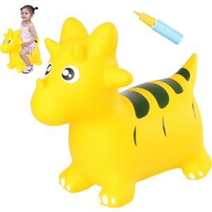 INPANY Bouncy Horse, Dinosaur Hopper Toys, Toddler Bouncing Animal, Dinosaur Party Decorations, Inflatable Ride on Rubber Triceratops Bouncer, Outdoor Cool Birthday Gift for 2 3 4 Yr Boy Girl Yellow
