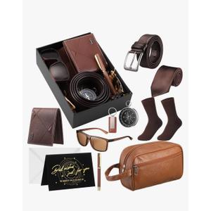 Geyoga 12 Pcs Men Birthdays Gift Set with Box for Men Dad Basket PU Leather Wallet Leather Toiletry Bag Tie Socks Belt Keychain Sunglasses Pen Compass Set