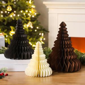 Spiareal 3 Pack Paper Christmas Tree Decoration 6 Inch 8 and 9.5 Inch 3D Honeycomb Trees Table Centerpiece for Modern Christmas Mantel Decorations Home Xmas Holiday Party Decor(Brown, Gray, Cream)