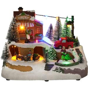 Christmas Village Houses, Festival Scene Colourful Lights Rotating Carriage and Santa Claus Decorations with 8 Musical for Xmas Home Table Displays
