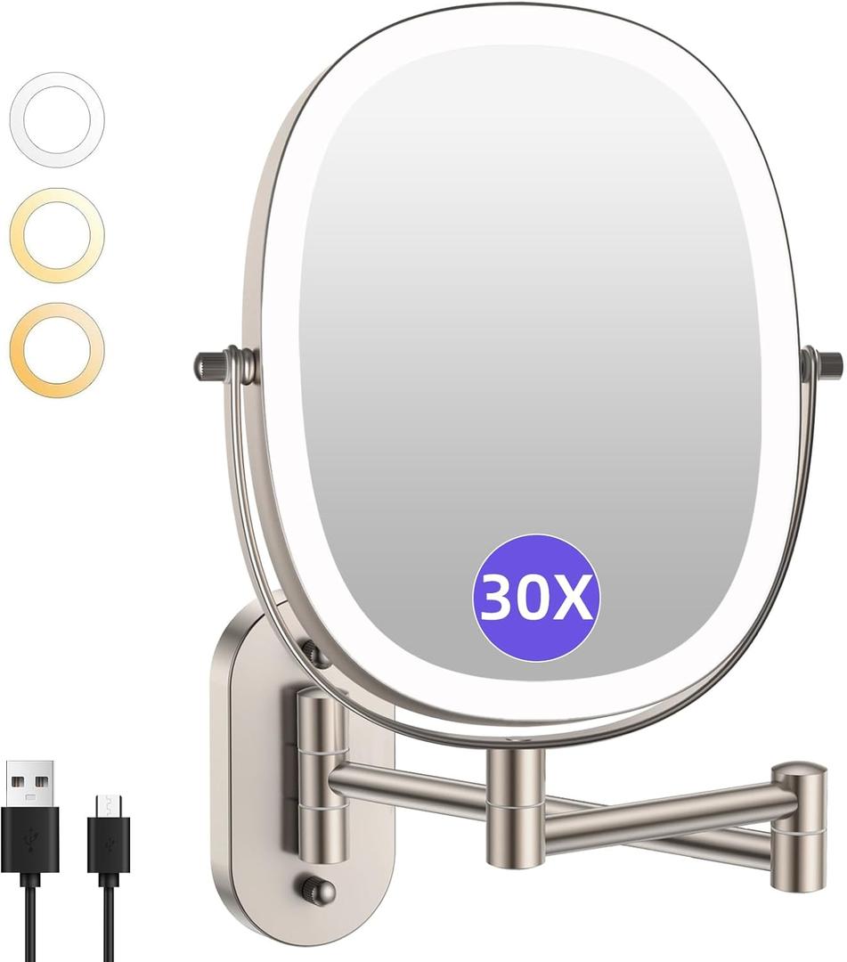 FUNTOUCH 30X/1X Wall Mounted Lighted Makeup Mirror,5000mAh Rechargeable Double Sided Magnifying Bathroom Lighted Mirror, 3 Color Modes Touch Dimmable Extended Arm 360 Rotation, Brush Nickel