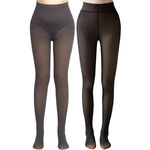Delcast 2 Pairs Fleece Lined Tights WomenFake Translucent Thermal Sheer Thick Pantyhose Leggings for Winter (XL)
