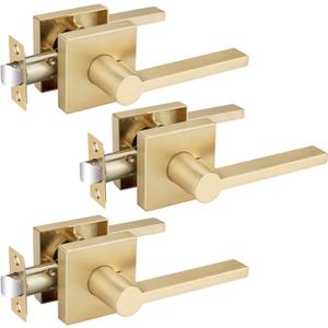 EHOMEWARE 3 Pack Passage Door Handles, Satin Brass Door Knobs Interior, Hallway Closet Door Levers Keyless Gold Door Handle, Heavy Duty Suqare Door Handle Set for Left or Right Handed Doors