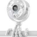Mini Portable Stroller Fan for Travel,360 Rotation,4-Speed LED Night Light Clip on Fans Operated by Rechargeable Battery, Cordless Fan with Tripod Car Seat Baby Pram (White)