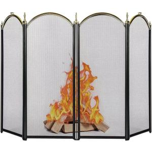 AMAGABELI GARDEN & HOME Decorative Gold Fireplace Screen 4 Panel Folding Ornate Wrought Iron Black Metal Fire Place Free Standing Gate Large Mesh Solid Steel Spark Guard Cover Outdoor Accessories