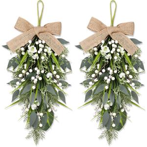 2 Pcs 24" Artificial White Flower Teardrop Wreaths Swag Spring Summer Berries Swags Wreath White Floral Hanging Wreaths for Kitchen Cabinet Doors Window Wall Wedding Party Home Decor