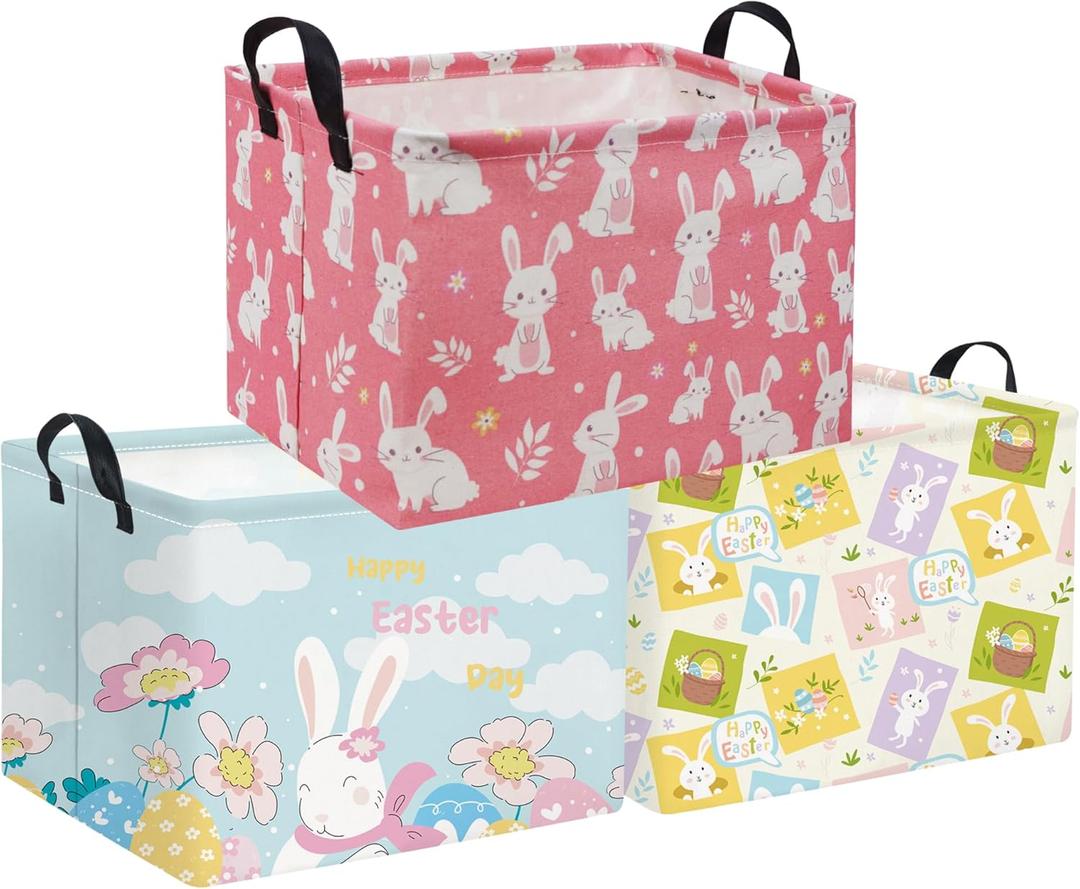 HIYAGON Rectangular Easter Basket Kids Storage Basket Baby Nursery Basket for Boys Bunny Room Decor Cute Toy Storage Organizer Bins Bedroom(3 Pack Easter)