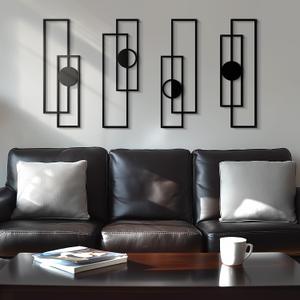 Abstract Black Metal Wall Art for Living Room, 4 Pack Large Wall Sculptures Minimalist Modern 3D Textured Geometric Metal Wall Decor for Bedroom Bathroom Kitchen Study, 22.5"x7.5''
