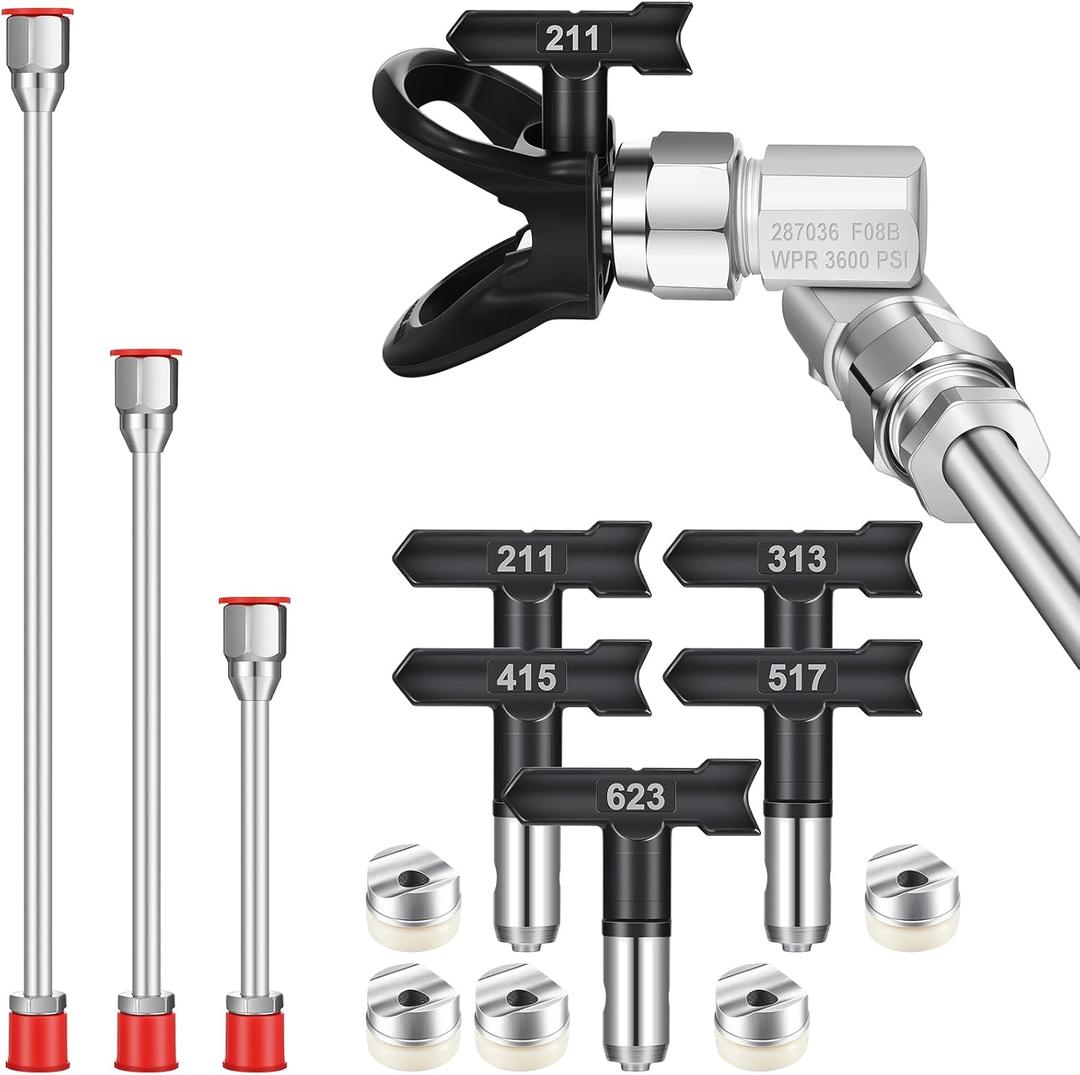 10pcs Airless Paint Sprayer Gun Tip Extension Pole Rod Set for Airless Spray Gun Painting with Swivel Joint Spray Tips and Nozzle Tip Guard Protector (12,20,30in,211,313,415,517,623)