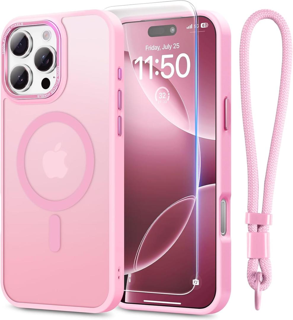 Stronger Magnetic & Shockproof for iPhone 16 Pro Case,Fit for MagSafe, with Screen Protector & Wrist Strap, Military-Grade Drop, Translucent Slim for iPhone 16 Pro Case, Chalk Pink