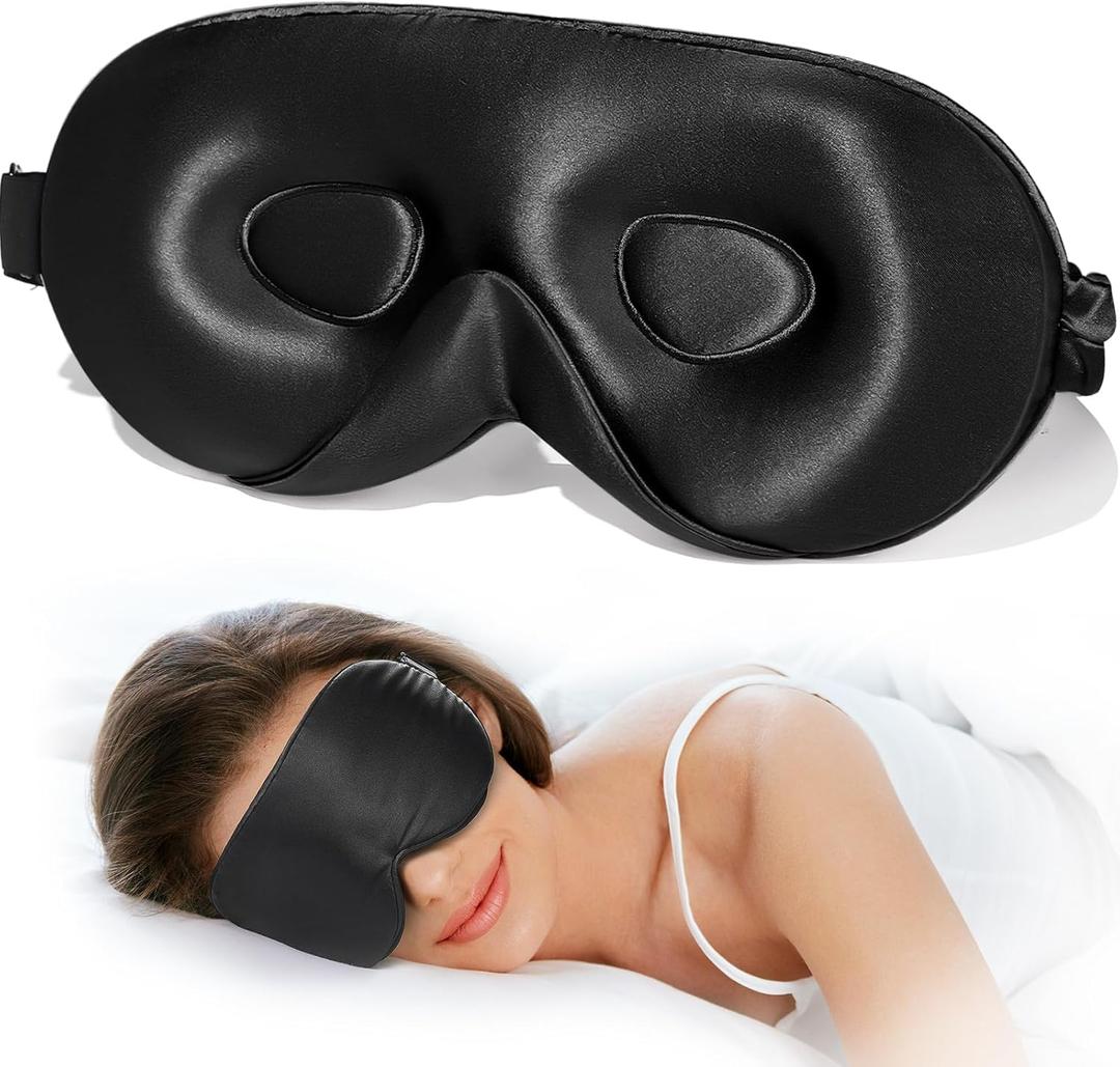 LitBear 100% 22 Momme Mulberry Silk Sleep Mask  3D Contoured Eye Mask for Men & Women, Soft Breathable Sleeping Mask with Adjustable Strap, Perfect Blocks Light for Sleeping (Black)