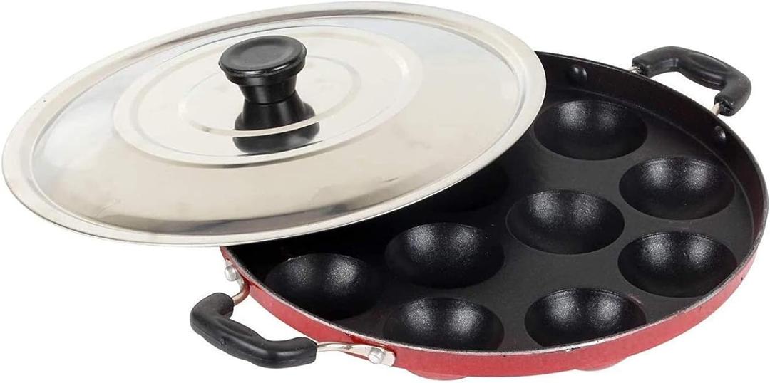Non Stick Appam Maker 12 Cavity Appam Patra Pan with 2 Side Handle And Stainless Steel Lid