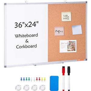 VEVOR 36"x 24" Whiteboard & Cork Board Combo with Aluminum Frame 2-in-1 Magnetic Dry Erase Bulletin Board for Wall Mount Ideal for School, Home, Office, 90" x 60"