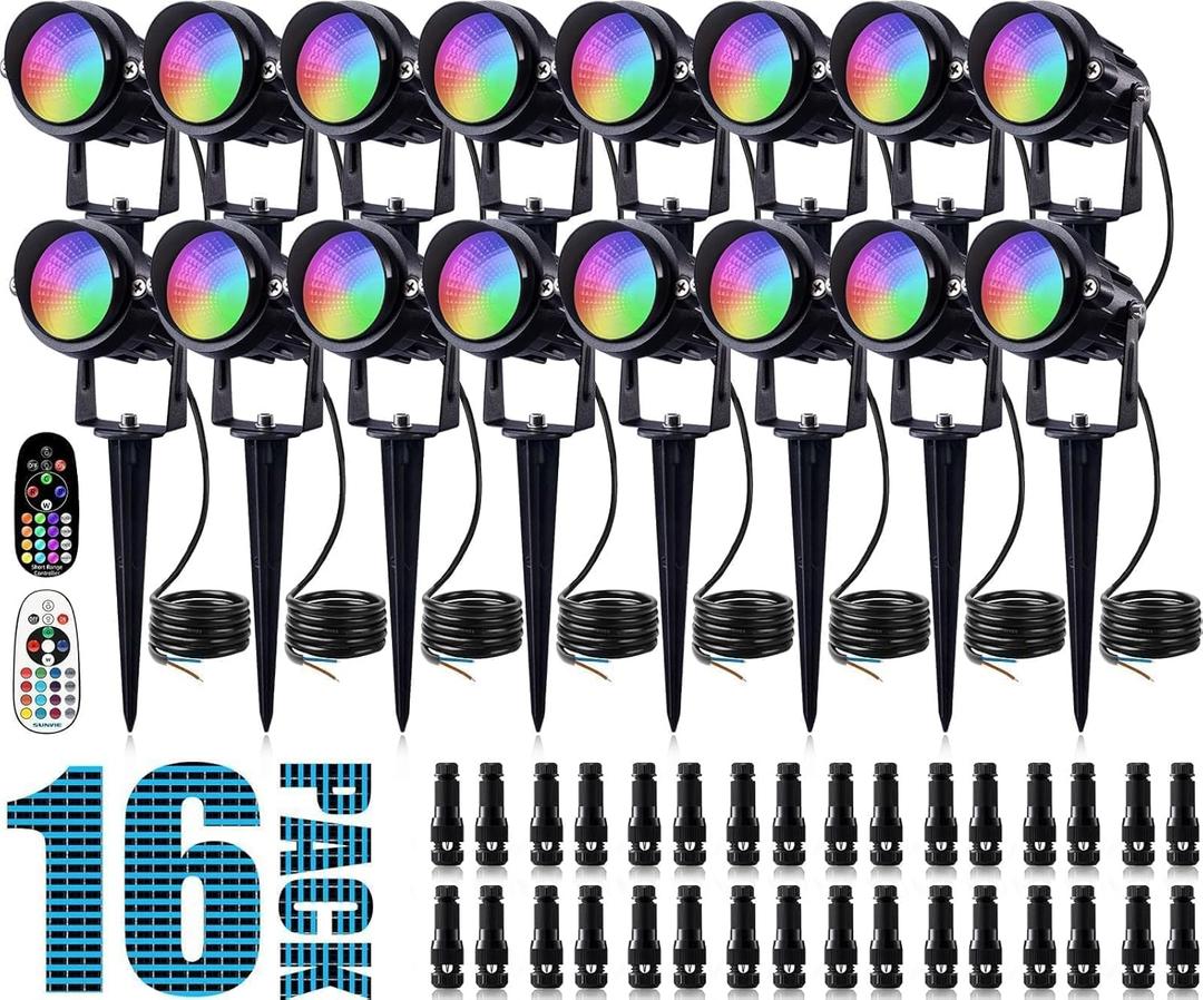 SUNVIE Christmas RGB Low Voltage Landscape Lights 12W LED Color Changing Landscape Lights Remote Control Waterproof Spotlights Outdoor Landscape Lighting for Yard Garden 16 Pack with Connector