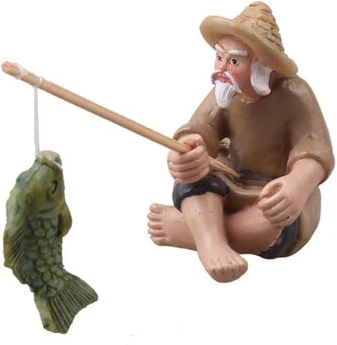 1Pc Miniature Fisherman Figurines,Fishing Old Man Ornament Chinese Mudman Sitting Garden Statue Ornament Garden Deco No Fish