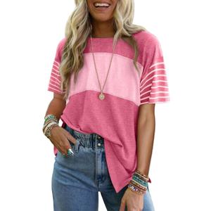 Dokotoo Summer Tops Trendy Oversized 2026 Crewneck Casual Color Block Striped Womens Shirts Blouses (Pink, XXL)