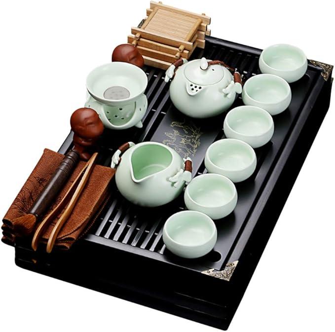 fanquare Chinese Ceramic Kung Fu Tea Set with Tea Tray and Small Tea Tools,Porcelain Tea Service,White