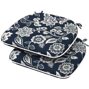 Outdoor/Indoor Chair Cushions with Ties, Waterproof All Weather Seat Cushions for Patio Furniture Home Garden Chair, Set of 2, 16x17 Inch, Elegant Vines Navy