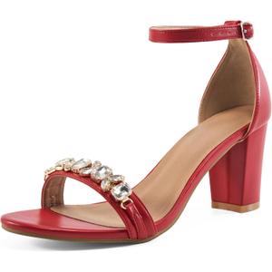 Womens High Heels Comfortable: Open Toe Ankle Strap Chunk Heeled Sandals - Buckle Rhinestone Heel for Prom Wedding (8, Red)