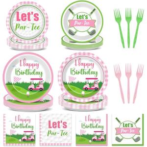 Pink Golf Birthday Party Supplies Pink Golf Theme Paper Plates and Napkins Let's Par-Tee Party Disposable Tableware Set for Girls Sports Theme Birthday Decorations Baby Shower Serves