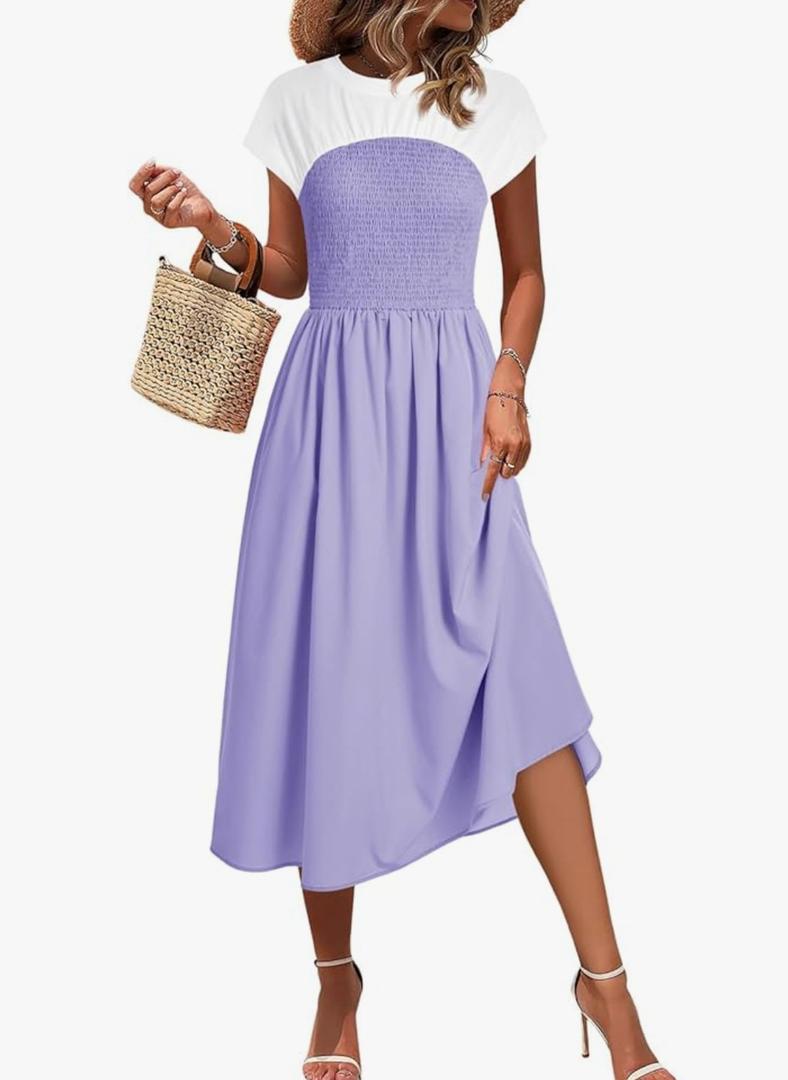 Wenrine Womens Casual Summer Midi Dress Smocked Cap Sleeve Crew Neck Color Block A Line Flowy Beach Dresses, L,  Lavender Wenrine Womens Casual Summer Midi Dress Smocked Cap Sleeve Crew Neck Color Block A Line Flowy Beach Dresses, L,  Lavender
