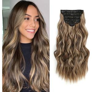 Fliace Highlight balayage dark brown Hairpieces, Natural & Blends Well Synthetic Clip in Hair Extensions (16inch, 6pcs, Chocolate Brown & Honey Blonde)