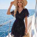 Womens Summer Ruffle Short Sleeve Dress V Neck Flowy Chiffon Layers Boho Dresses (M)