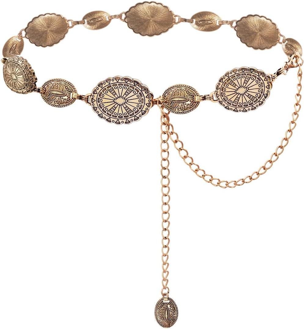 TOPACC Western Metal Concho Belt for Women Cowgirl Chain Belts for Dresses Jeans Country Concert Outfit (Fit waist: 26-28 in, A Champagne Gold)