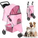 KMFurnila 3 Wheel Pet Stroller for Dogs and Cats, Foldable, Lightweight and Durable, Ideal for Small to Medium Pets, Includes Storage Basket and Cup Holders, Pink