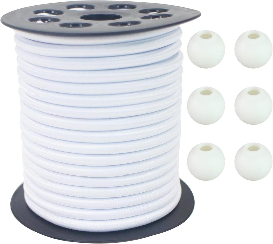White Bungee Shock Cord Roll 3/16 in 50FT 5mm Thick Round Elastic Cord Heavy Duty Stretchy Rope for DIY Crafts-Tie Downs-Kayak-Tent-Sports-Various Applications