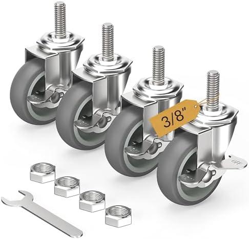 HOLKIE Caster Wheels 3 inch Locking Casters Set of, Threaded Stem 3/8" -16 x 1-1/2" (Diameter 3/8", Length 1-1/2") Swivel Heavy Duty Castors Gray