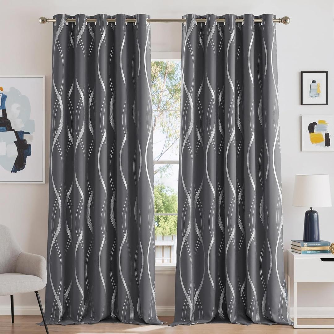 NICETOWN Grey Blackout Short Curtain for Apartments, W66 x L84, Noise Reducing Thermal Insulated Wave Line Foil Print Design Drapes for Living Room, 2 Panels