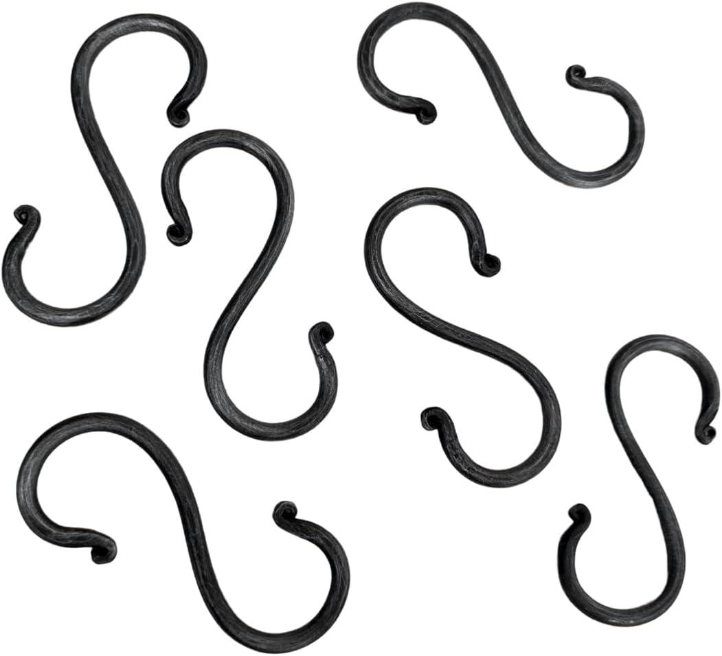 Living Ideas Hand Forged Metal S Hook Set - 6 Pcs Wrought Iron Handmade Black Antique Finish Heavy Duty 3.50 Inches for Hanging Plants, Coffee Mugs, Towels in Kitchen